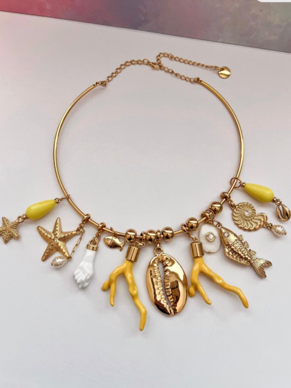 Gold Coastal Charm Necklace Starfish Shell Coral Statement Jewelry
